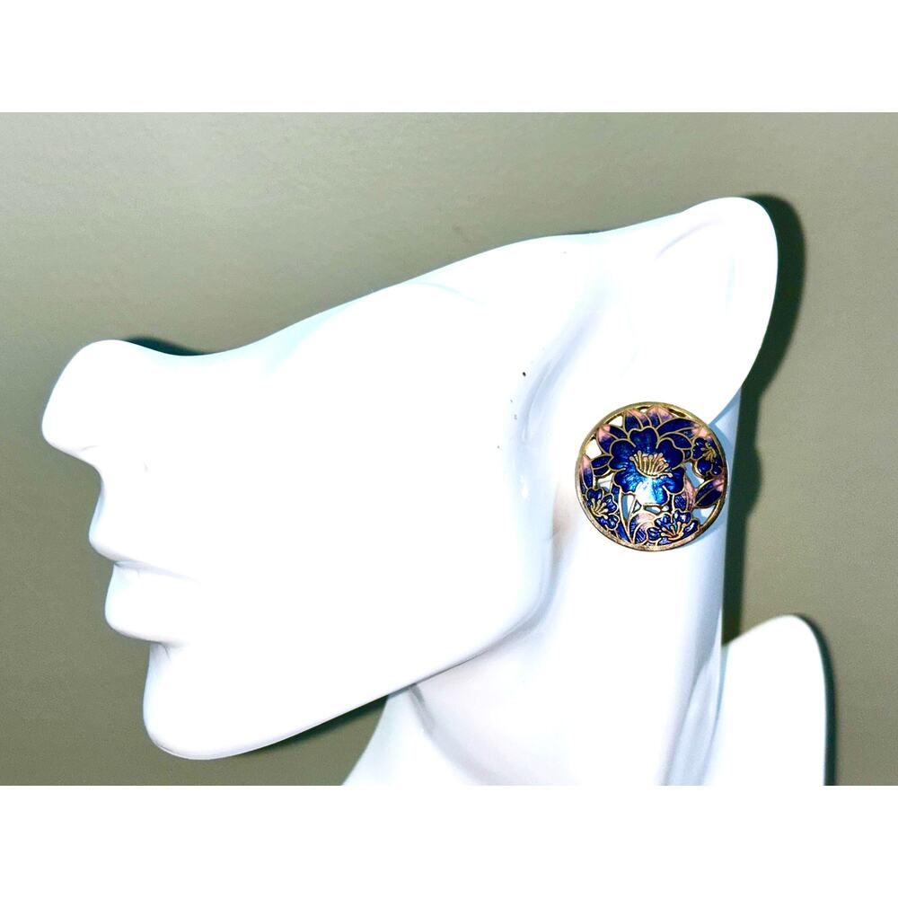 Gold Tone Blue Floral Enamel Cloisonné Post Earrings - Picture 2 of 7